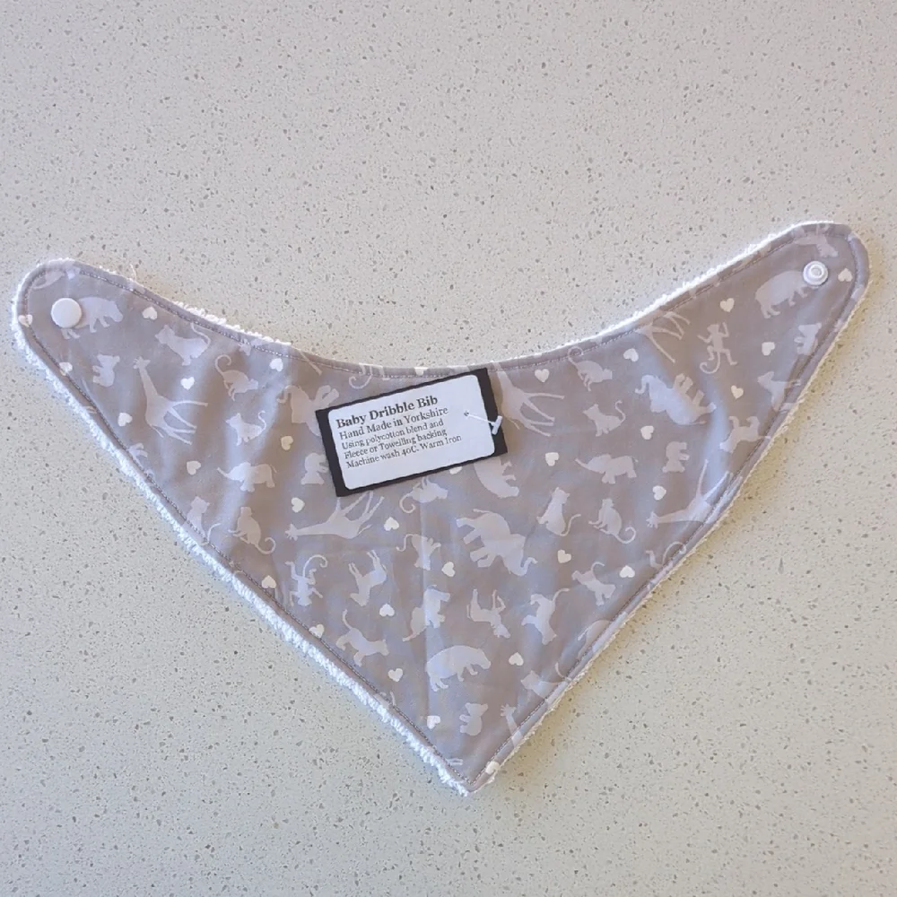 European Gray Safari Animal Print Baby Dribble Bib: koalas, giraffe, elephants